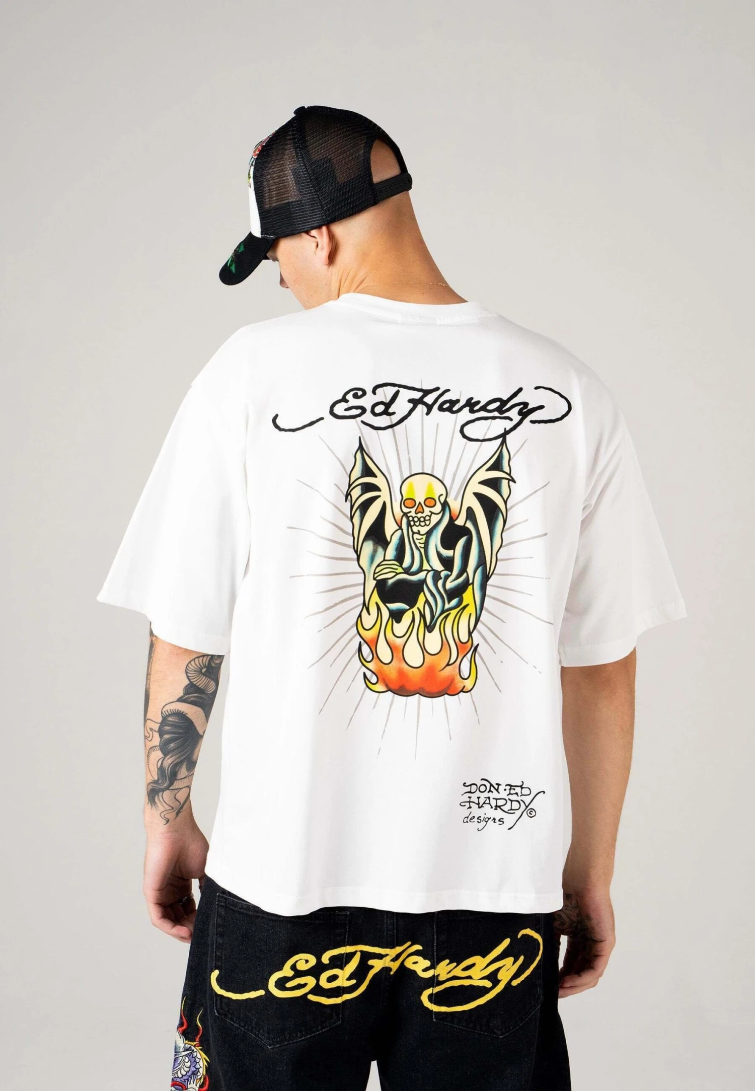 Ed Hardy Flaming-Devil Oversize - T-Shirt Print - White 1 Ed Hardy Flaming-Devil Oversize - T-Shirt Print - White