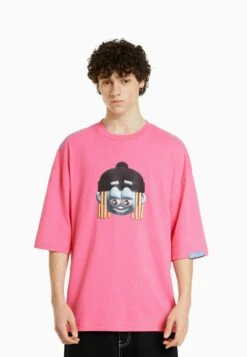 BERSHKA 3/4 Length Sleeves- T-Shirt Print - Dark Purple