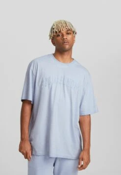 BERSHKA Patch Short Sleeve Boxy Fit - T-Shirt Print - Light-Blue Denim